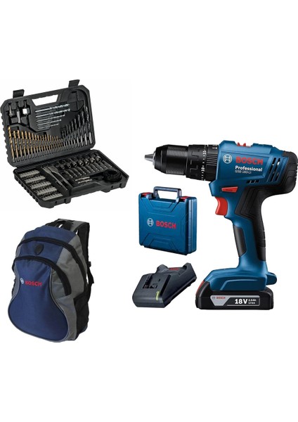 Gsb 183-LI 2 Ah Tek Akülü Darbeli Matkap + 103 Parça Matkap ve Vidalama Ucu Seti + Mavi Sırt Çantası