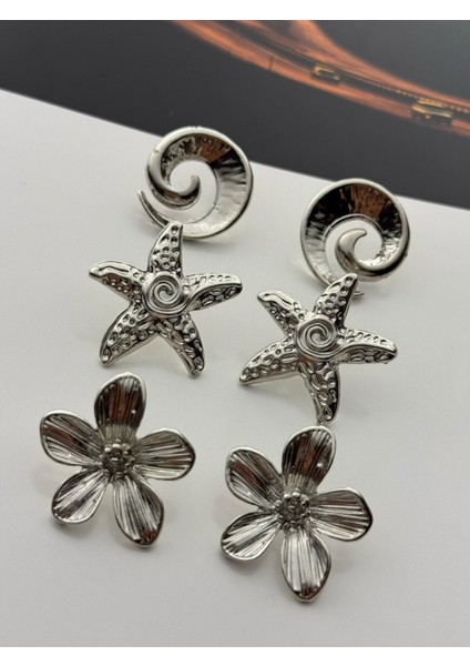 3'lü Gümüş Renk Küpe Seti Spiral-Yıldız-Çiçek