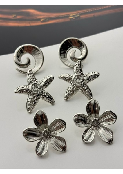 3'lü Gümüş Renk Küpe Seti Spiral-Yıldız-Çiçek fiyatları