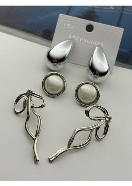 3'lü Küpe Seti Rodyum Kaplama Kararmaz Damla-Inci-Fiyonk Küpe Seti