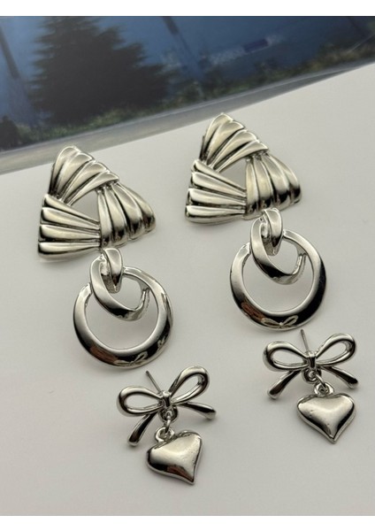 3'lü Küpe Seti Rodyum Kaplama Kararmaz Sarmal Üçgen Küpe Sarmak Halka Küpe- Kalpli Fiyonk Küpe Seti fiyatları