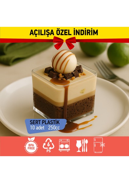Bizdengelsin 10’lu Kapaklı Tatlı Kase Kare, Mika Sert Plastik Şeffaf, 250CC Tatlı Meze Salata Çerez Dondurma