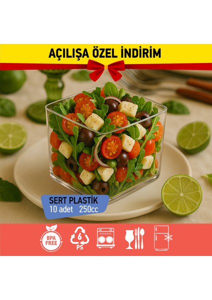 Bizdengelsin 10’lu Kapaklı Tatlı Kase Kare, Mika Sert Plastik Şeffaf, 250CC Tatlı Meze Salata Çerez Dondurma fiyatları