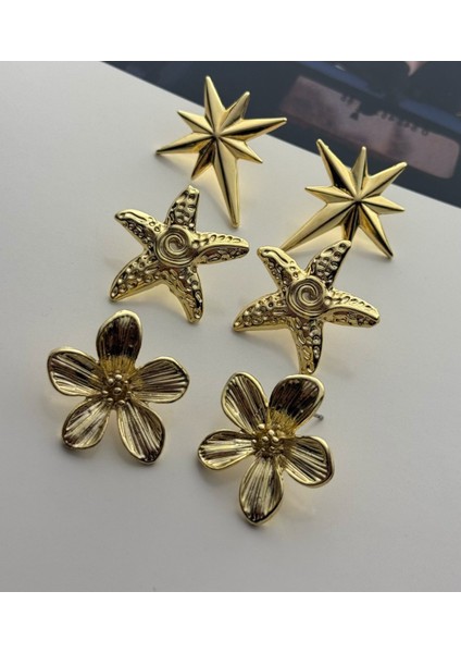 3'lü Küpe Seti Altın Kaplama Küpe Seti Kuzey Yıldızı-Deniz Yıldızı-Çiçek Küpe Seti