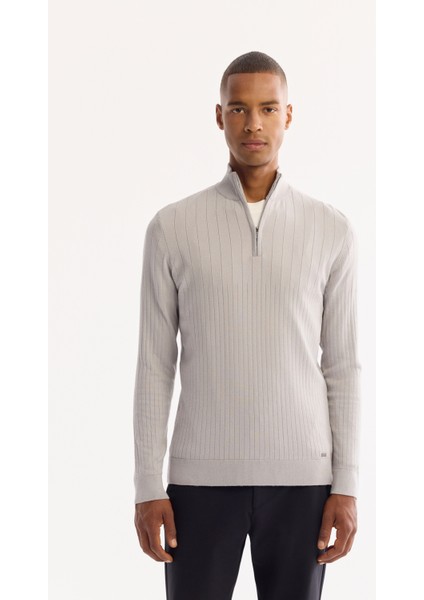 Erkek Gri Dik Yaka Fermuarlı Soft Touch Çizgili Triko Regular Fit Kazak A52Y5151