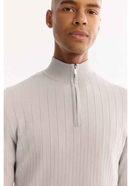 Erkek Gri Dik Yaka Fermuarlı Soft Touch Çizgili Triko Regular Fit Kazak A52Y5151 fiyatları
