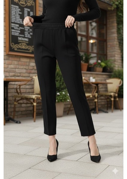 Kadın Uzun Kollu Dalıç Kumaş Cep Detay Beli Lastikli Ütüsüz Pantolon