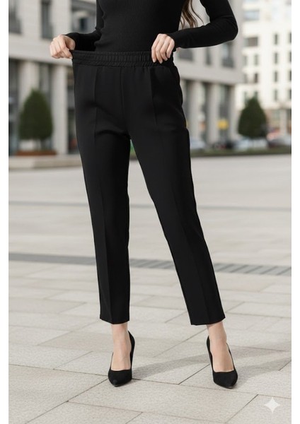 Kadın Uzun Kollu Dalıç Kumaş Cep Detay Beli Lastikli Ütüsüz Pantolon