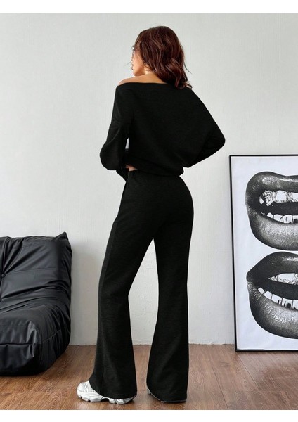 Kadın Uzun Kollu Tek Omuzdan Açık Iki Iplik Bluz ve Pantolon Ikili Takım modelleri