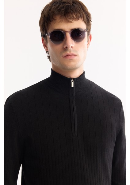 Erkek Siyah Dik Yaka Fermuarlı Soft Touch Çizgili Triko Regular Fit Kazak A52Y5151 fiyatları