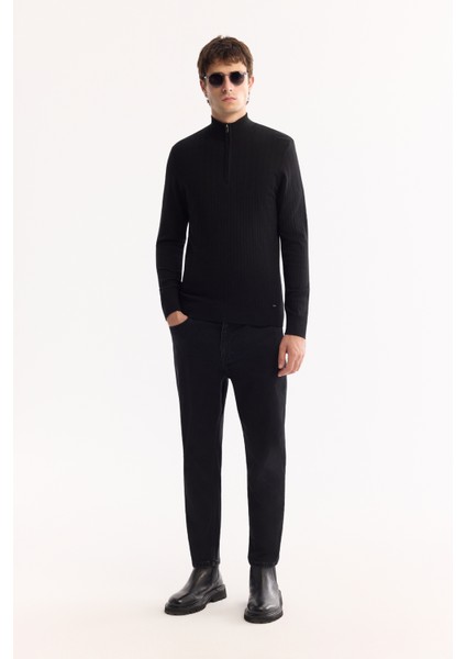 Erkek Siyah Dik Yaka Fermuarlı Soft Touch Çizgili Triko Regular Fit Kazak A52Y5151