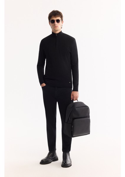 Erkek Siyah Dik Yaka Fermuarlı Soft Touch Çizgili Triko Regular Fit Kazak A52Y5151