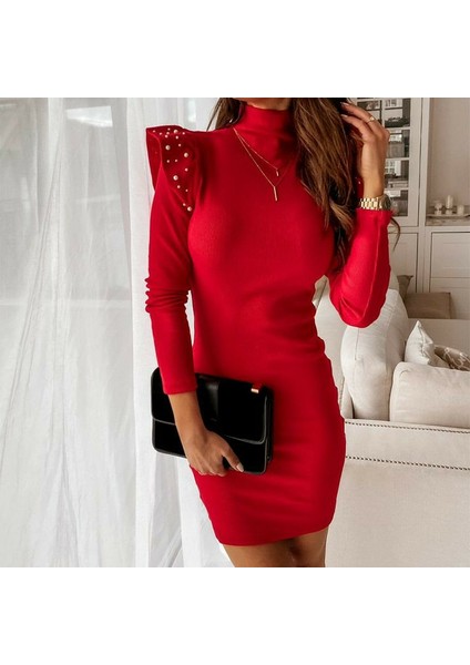 Kadın Uzun Kollu Balıkçı Yaka Omuzlarda Pile Inci Detay Kaşkorse Elbise modelleri