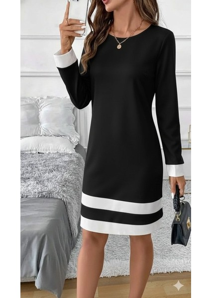 Kadın Uzun Kollu Yuvarlak Yaka Etek Ucu Şerit Detaylı Mini Siyah Beyaz Dalgıç Elbise