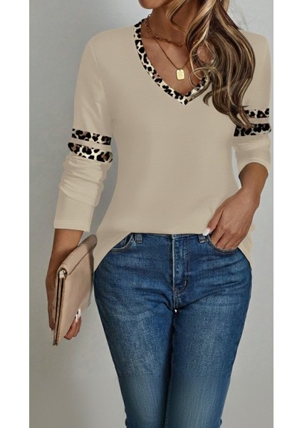 Kadın Uzun Kollu V Yakalı Leopar Desenli Viskon Iki Iplik Bluz