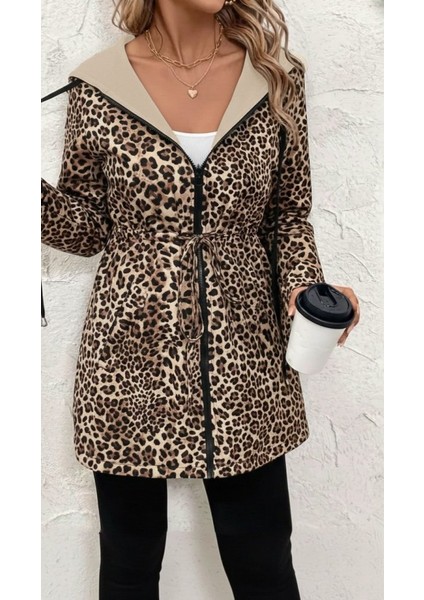 Kadın Uzun Kollu Kapşonlu Çift Taraflı Cepli Bağcıklı Fermuarlı Viskon Iki Iplik Ceket