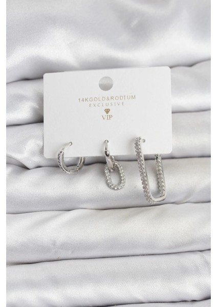 Gümüş Renk Zirkon Taşlı 3'lü Kadın Küpe Seti