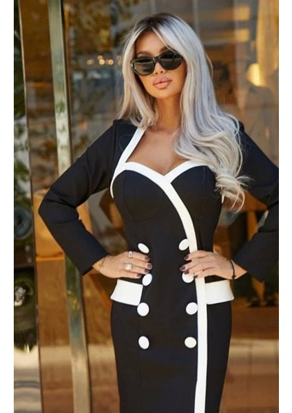 Kadın Uzun Kollu Kalp Yaka Kaplama Düğme ve Cep Detay Elbise modelleri