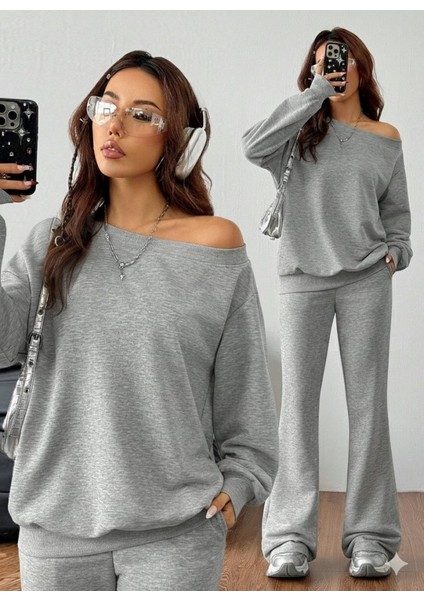 Kadın Uzun Kollu Tek Omuzdan Açık Iki Iplik Bluz ve Pantolon Ikili Takım