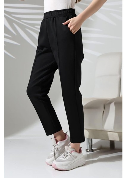 Kadın Uzun Kollu Dalıç Kumaş Cep Detay Beli Lastikli Ütüsüz Pantolon