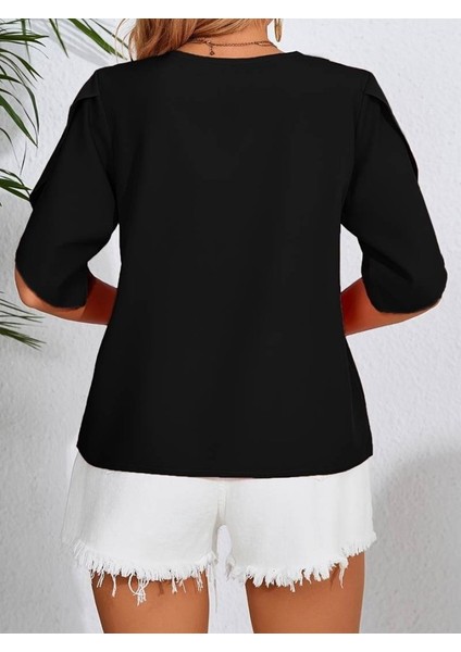 Kadın Kısa Kollu Yaka ve Kol Detay Jesica Bluz