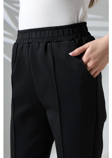 Kadın Uzun Kollu Dalıç Kumaş Cep Detay Beli Lastikli Ütüsüz Pantolon