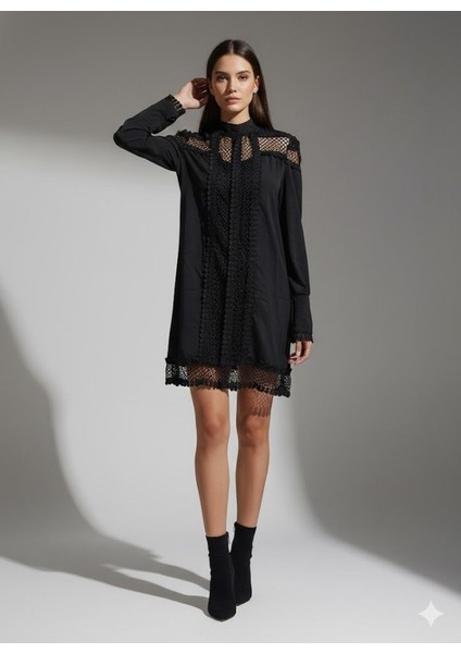 Kadın Uzun Kollu Yarım Balıkçı Yaka Transparan Detaylı Mini Elbise