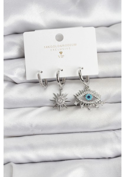 Göz Model Gümüş Renk Pirinç 3'lü Kadın Küpe Seti