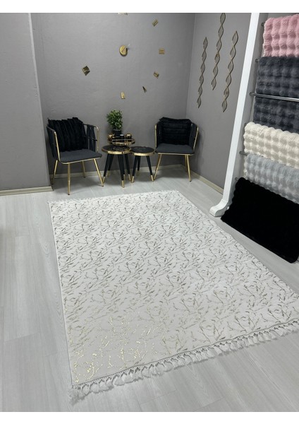 Bambu Yıkanabilir Kaymaz Oturma Odası Salon Mutfak Antre Çocuk Odası Halısı Beyaz Gold Simli Bambu