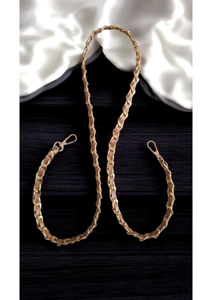 Suni Derili Metal Çanta Zincir Seti Zincir Uzunluk 115 cm ( Zincir Renk Altın Deri Bej)