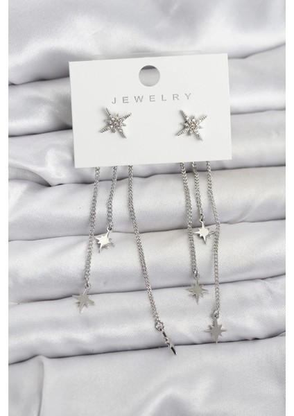 Kutup Yıldızı Model Gümüş Renk Pirinç Sallantılı Kadın Küpe