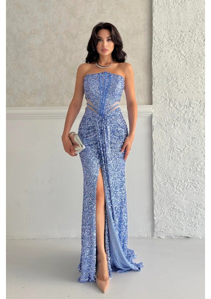 Bebe Mavi Önü Taş Detaylı Yırtmaçlı Pul Payet Straplez Abiye 0801163.449