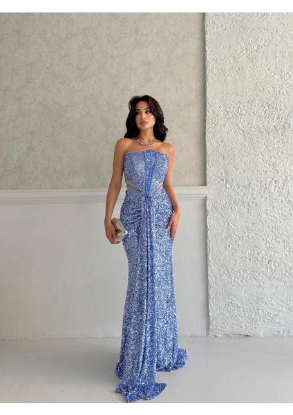 Bebe Mavi Önü Taş Detaylı Yırtmaçlı Pul Payet Straplez Abiye 0801163.449 fiyatları