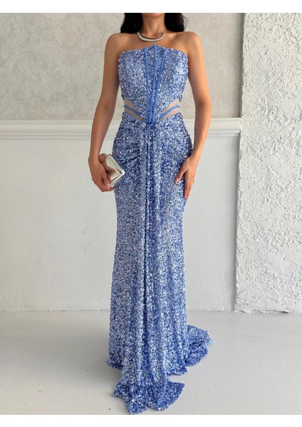 Bebe Mavi Önü Taş Detaylı Yırtmaçlı Pul Payet Straplez Abiye 0801163.449