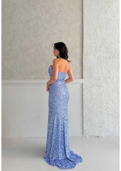 Bebe Mavi Önü Taş Detaylı Yırtmaçlı Pul Payet Straplez Abiye 0801163.449