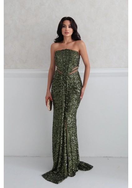 Haki Önü Taş Detaylı Yırtmaçlı Pul Payet Straplez Abiye 0801163.23