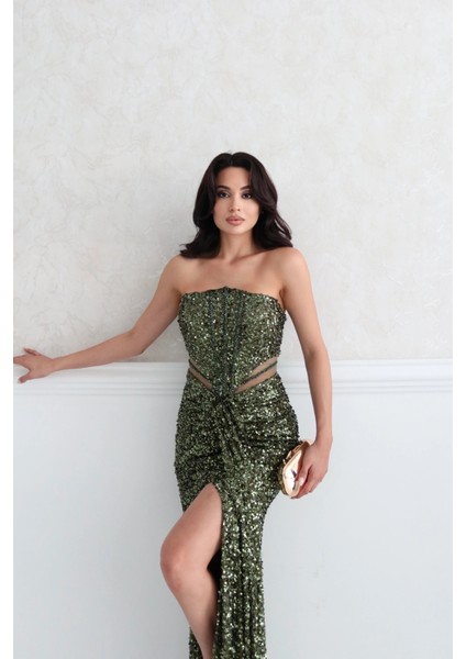 Haki Önü Taş Detaylı Yırtmaçlı Pul Payet Straplez Abiye 0801163.23 fiyatları