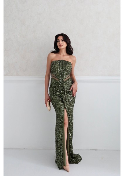 Haki Önü Taş Detaylı Yırtmaçlı Pul Payet Straplez Abiye 0801163.23 modelleri