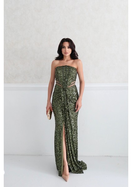 Haki Önü Taş Detaylı Yırtmaçlı Pul Payet Straplez Abiye 0801163.23 fırsatları