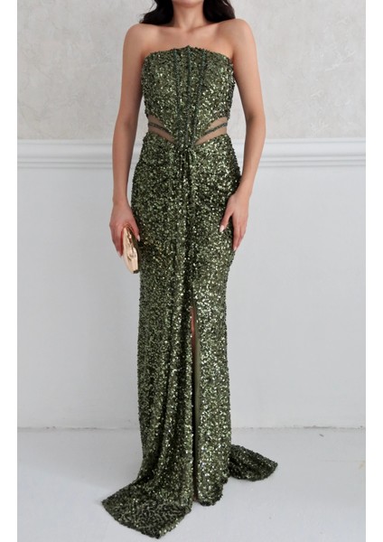 Haki Önü Taş Detaylı Yırtmaçlı Pul Payet Straplez Abiye 0801163.23 indirimleri