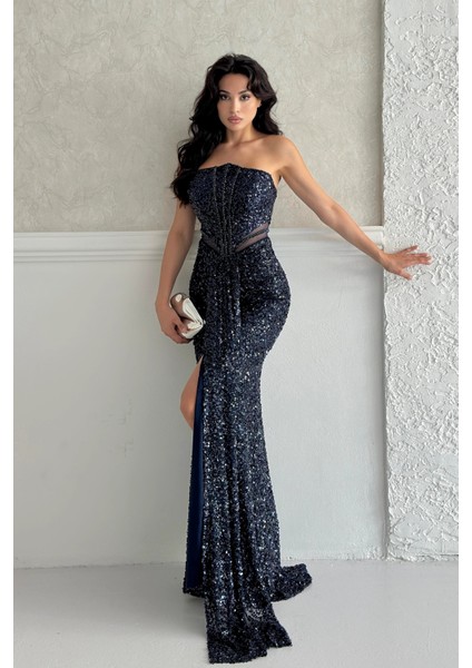 Lacivert Önü Taş Detaylı Yırtmaçlı Pul Payet Straplez Abiye 0801163.02