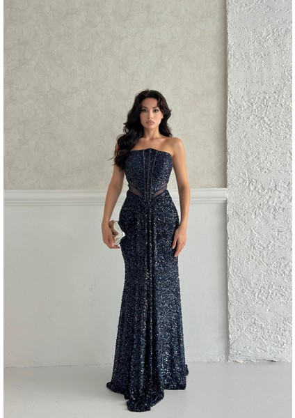 Lacivert Önü Taş Detaylı Yırtmaçlı Pul Payet Straplez Abiye 0801163.02 fiyatları