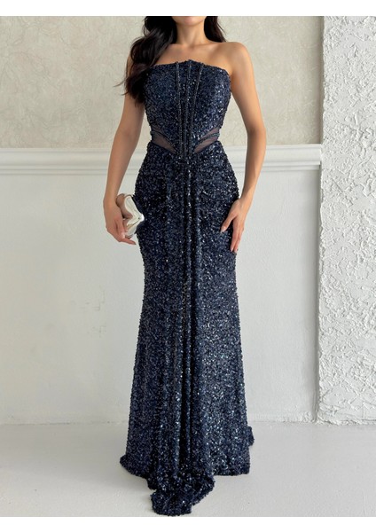 Lacivert Önü Taş Detaylı Yırtmaçlı Pul Payet Straplez Abiye 0801163.02 indirimleri