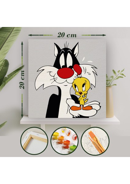 Sayılarla Boyama 20X20 Tuval Seti Fırça Boya Dahil Çıtaya Gerili - Tweety ve Sylvester
