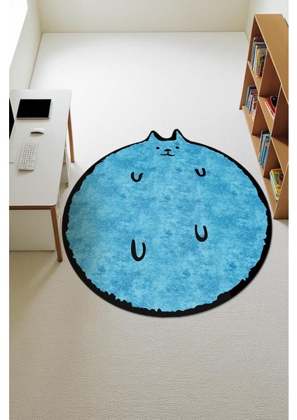 Kedi Desenli Yuvarlak Dijital Baskı Kaymaz Tabanlı Halı H0395