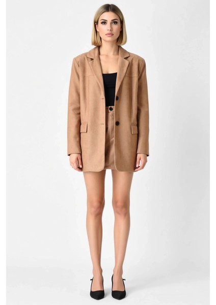 Kadın Alt Üst Süet Görünümlü Dokuma Blazer Ceket ve Kısa Etek Ikili Takım ve Rahat Bir Stil Sunar fırsatları