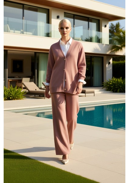 Kadın Alt Üst Düşük Kol V Yaka Inci Düğmeli Triko Hırka Geniş Paça Rahat Kesim Pantolon Ikili Takım fiyatları