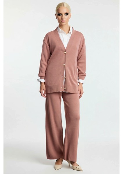 Kadın Alt Üst Düşük Kol V Yaka Inci Düğmeli Triko Hırka Geniş Paça Rahat Kesim Pantolon Ikili Takım fırsatları