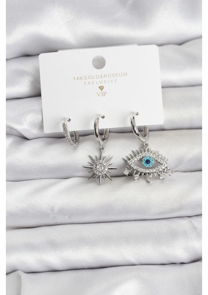 Göz Model Gümüş Renk Pirinç 3'lü Kadın Küpe Seti