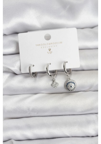 Nazar Model Gümüş Renk Pirinç 3'lü Kadın Küpe Seti